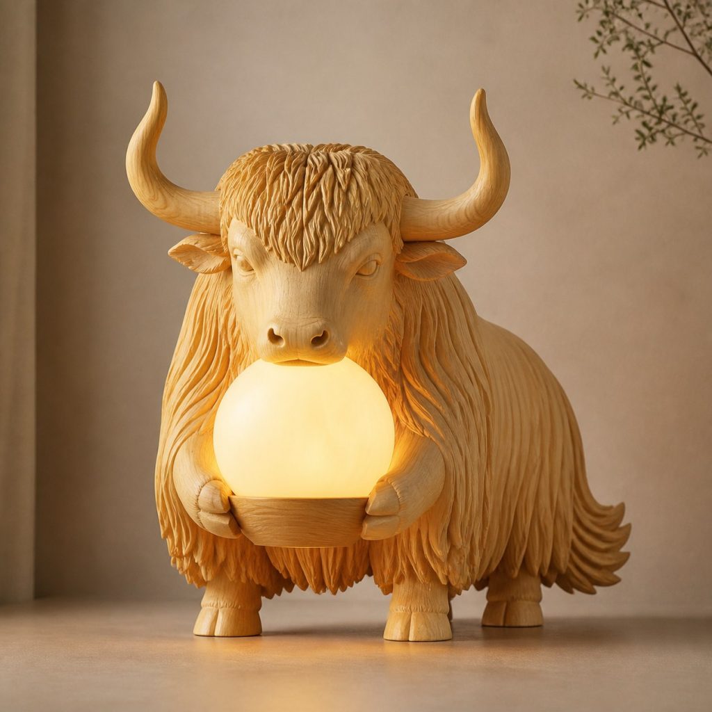 Yak Orb Lamp shown as an original square photorealistic yak lamp made from natural light-yellow wood with fine grain and warm diffused light