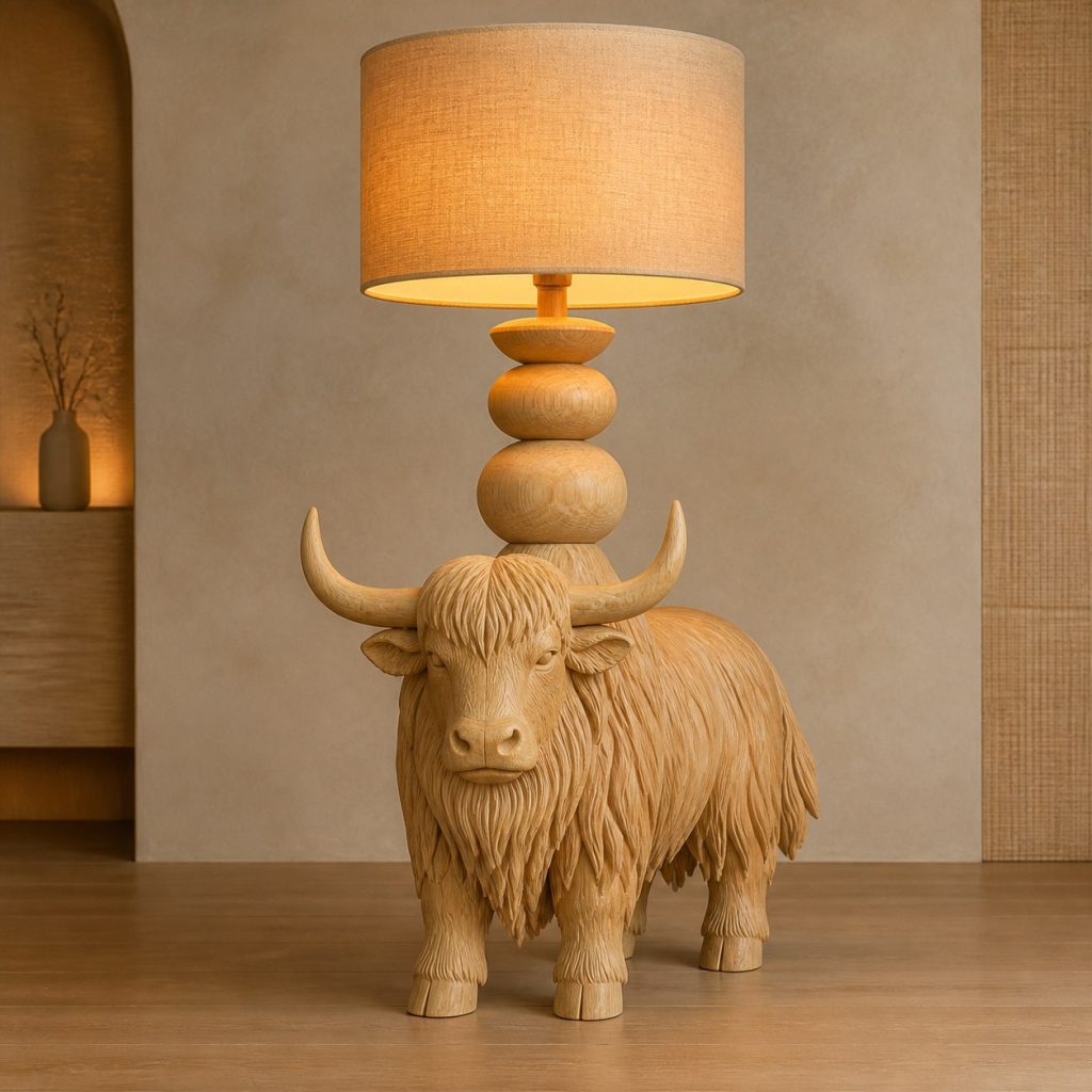 Stacked Yak Floor Lamp shown as an original square photorealistic yak lamp made from natural light-yellow wood with fine grain and warm diffused light