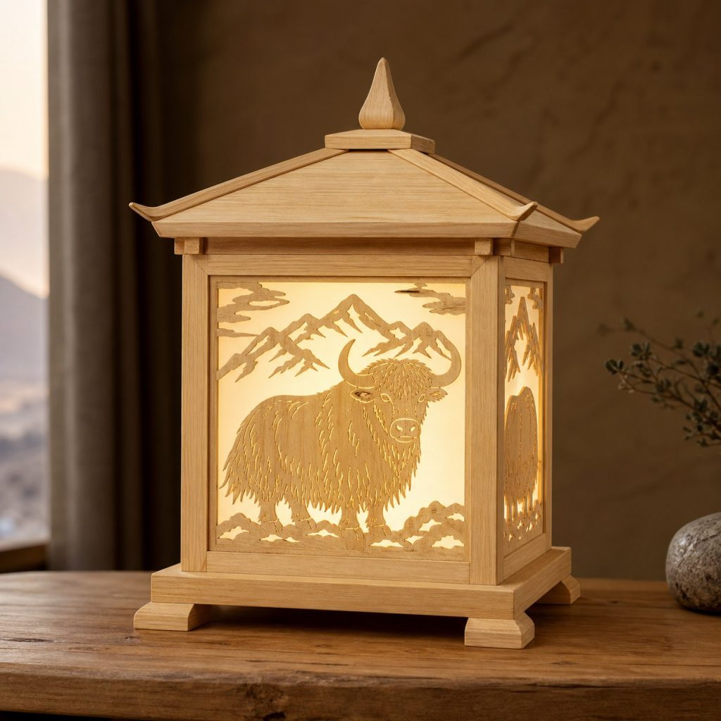 Himalayan Yak Lantern shown as an original square photorealistic yak lamp made from natural light-yellow wood with fine grain and warm diffused light
