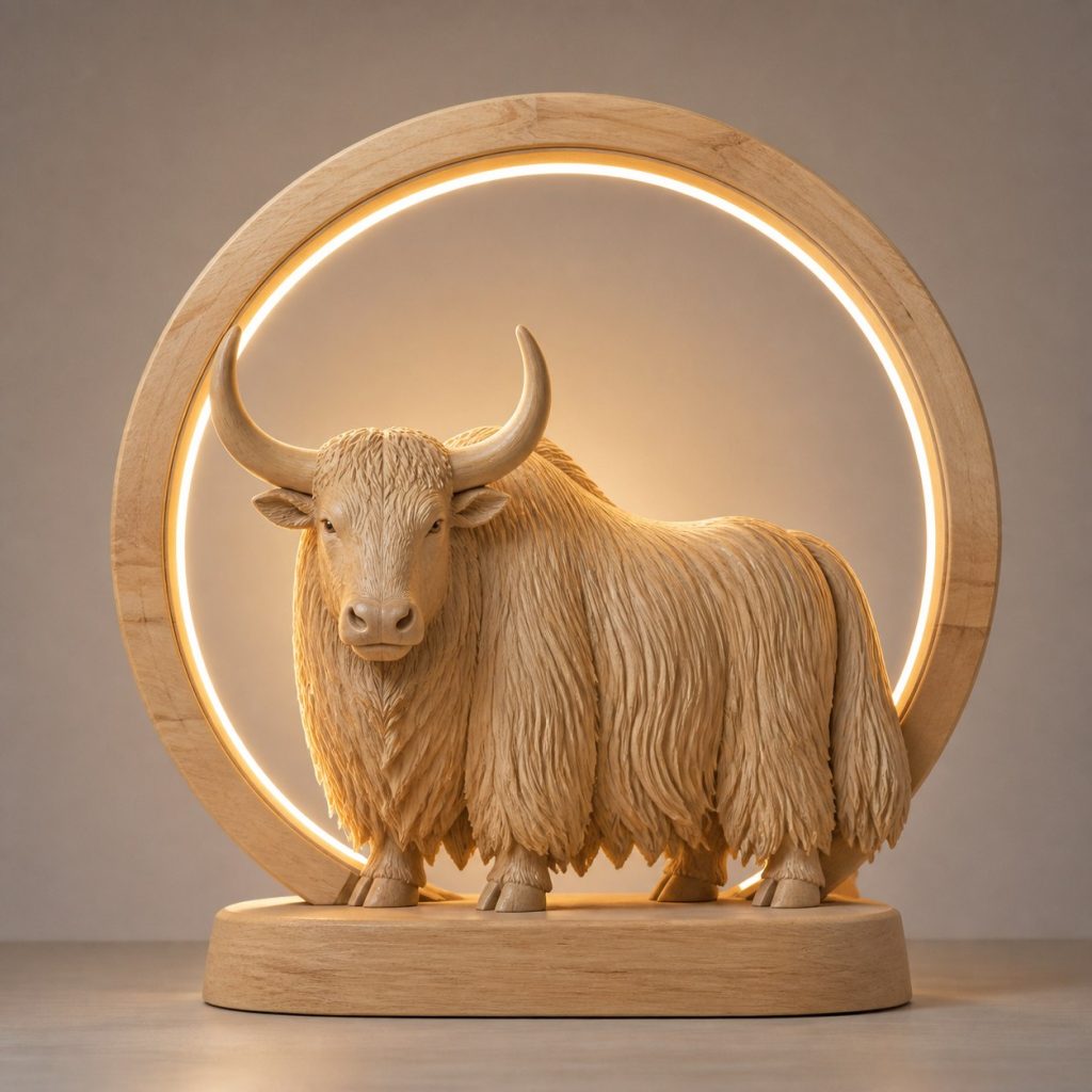 Yak Mountain-Ring Lamp shown as an original square photorealistic yak lamp made from natural light-yellow wood with fine grain and warm diffused light