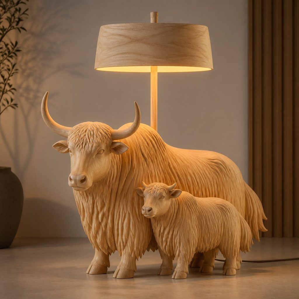 Paired Yak Floor Lamp shown as an original square photorealistic yak lamp made from natural light-yellow wood with fine grain and warm diffused light