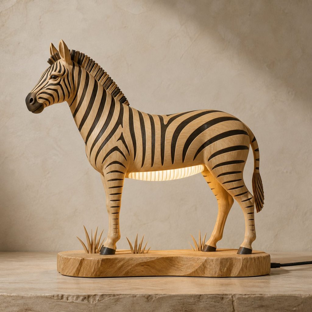Standing Zebra Profile Lamp shown as an original square photorealistic zebra lamp made from natural light-yellow wood with fine grain and warm diffused light
