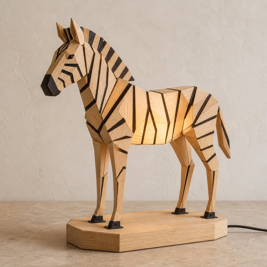 Faceted Zebra Lamp shown as an original square photorealistic zebra lamp made from natural light-yellow wood with fine grain and warm diffused light