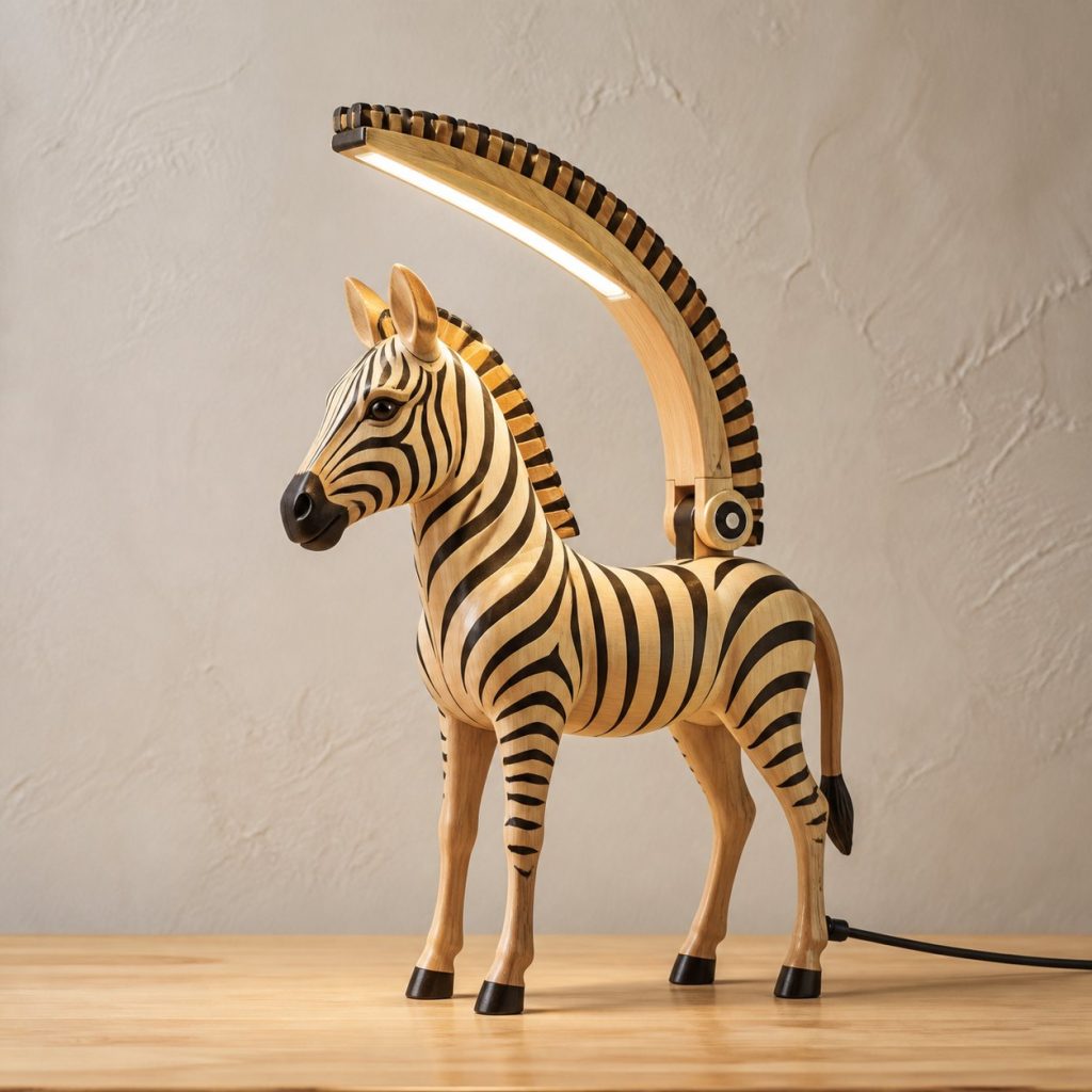 Zebra-Mane Desk Task Lamp shown as an original square photorealistic zebra lamp made from natural light-yellow wood with fine grain and warm diffused light