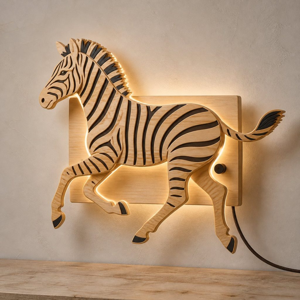 Running Zebra Wall Sconce shown as an original square photorealistic zebra lamp made from natural light-yellow wood with fine grain and warm diffused light