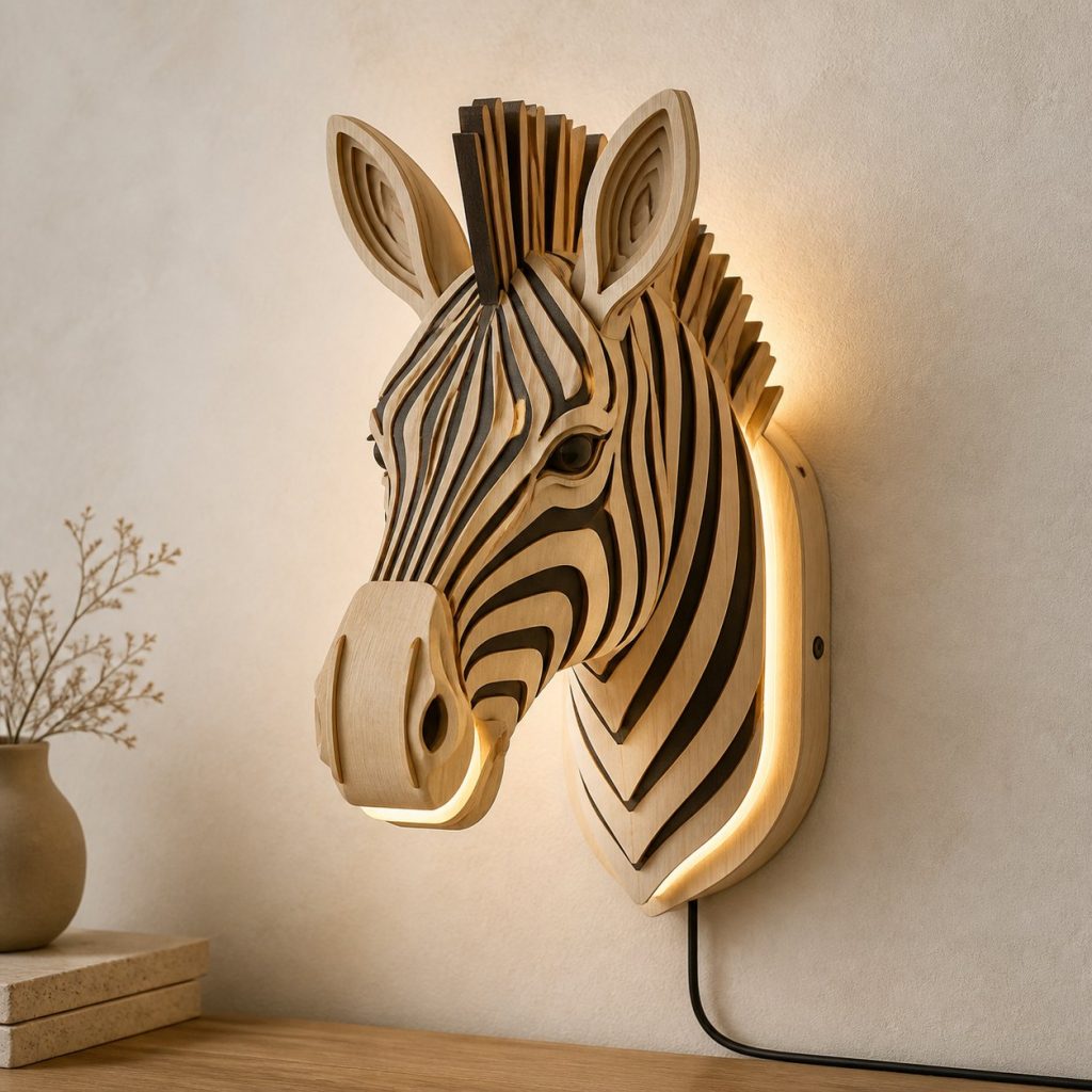 Layered Zebra Face Wall Lamp shown as an original square photorealistic zebra lamp made from natural light-yellow wood with fine grain and warm diffused light