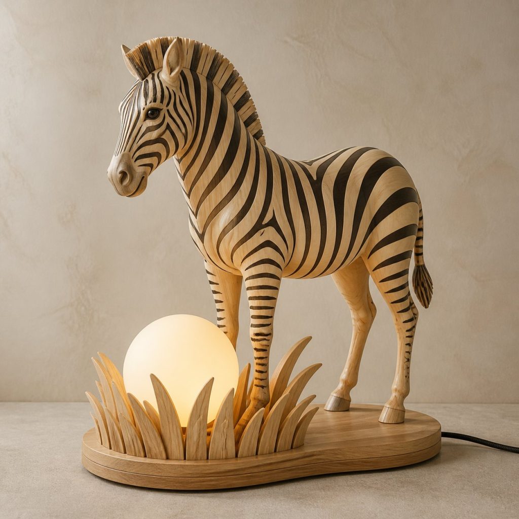 Zebra Savanna Orb Lamp shown as an original square photorealistic zebra lamp made from natural light-yellow wood with fine grain and warm diffused light