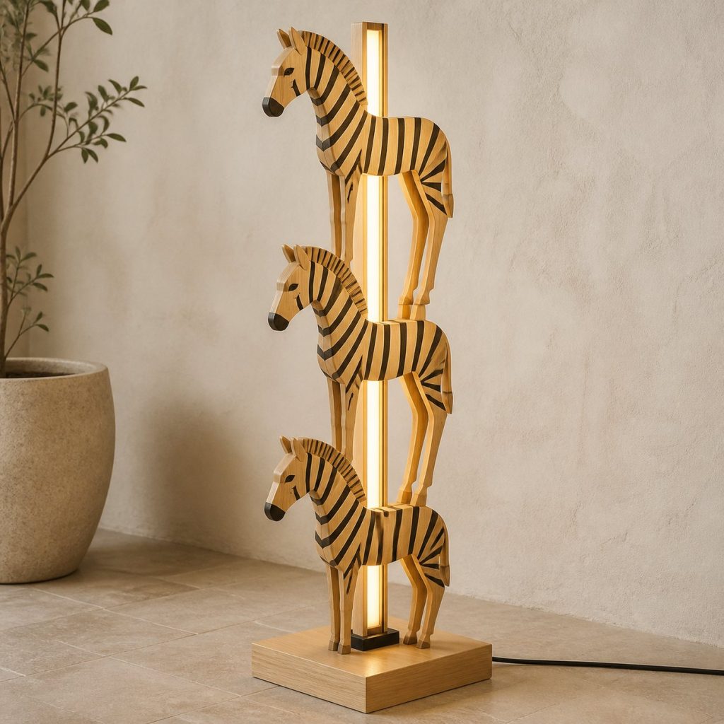 Stacked Zebra Floor Lamp shown as an original square photorealistic zebra lamp made from natural light-yellow wood with fine grain and warm diffused light