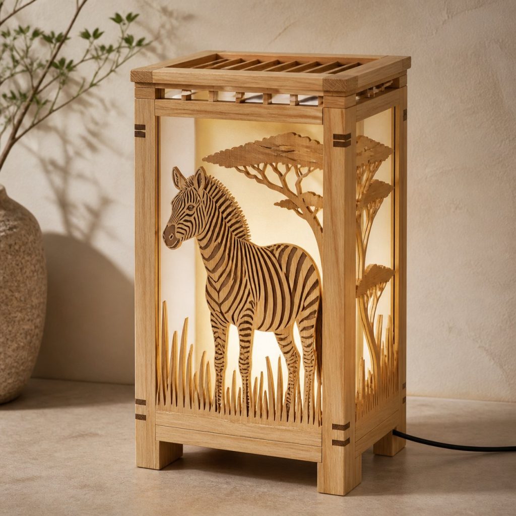 Savanna Zebra Lantern shown as an original square photorealistic zebra lamp made from natural light-yellow wood with fine grain and warm diffused light