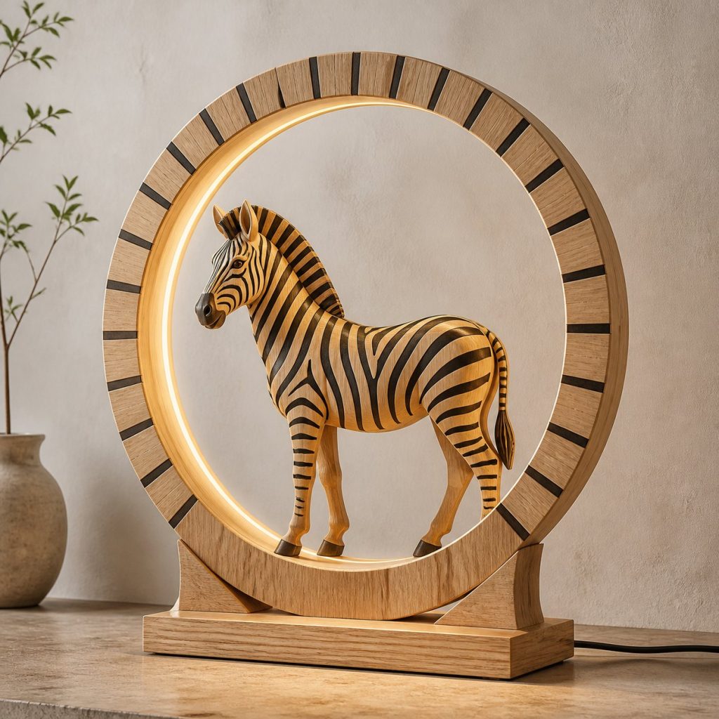 Zebra-and-Sun Ring Lamp shown as an original square photorealistic zebra lamp made from natural light-yellow wood with fine grain and warm diffused light