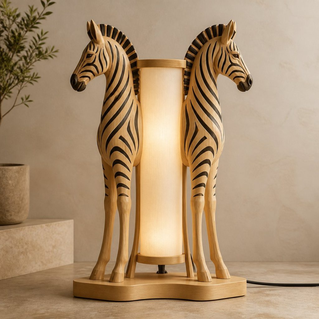 Twin-Mane Zebra Floor Lamp shown as an original square photorealistic zebra lamp made from natural light-yellow wood with fine grain and warm diffused light