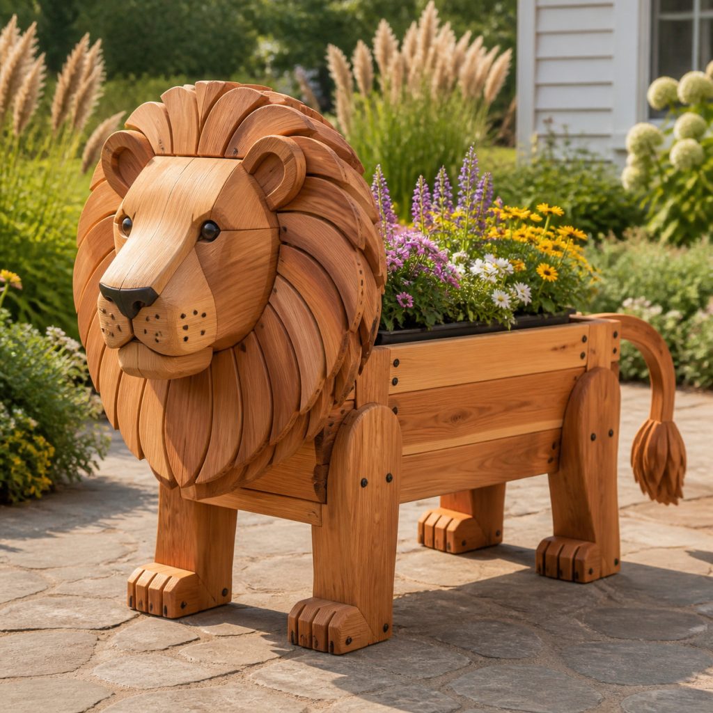Classic Layered-Mane Lion shown as a square photorealistic cedar garden planter filled with cottage flowers