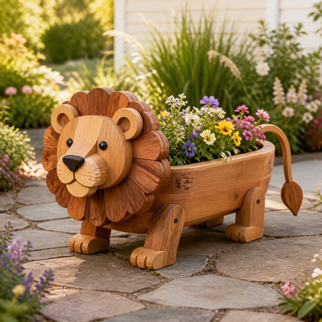 Compact Lion Cub Planter shown as a square photorealistic cedar garden planter filled with cottage flowers