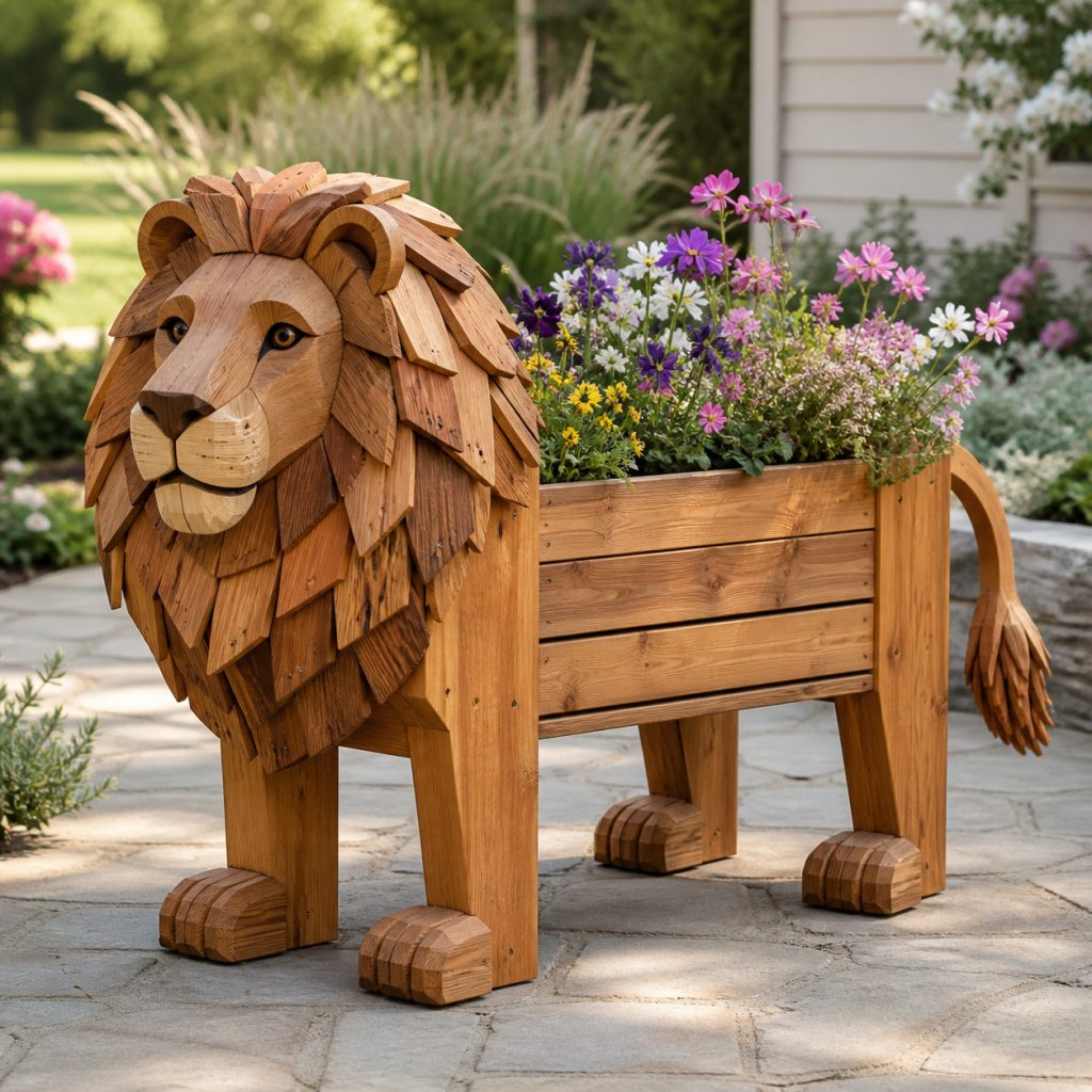 Rustic Shingle-Mane Lion shown as a square photorealistic cedar garden planter filled with cottage flowers