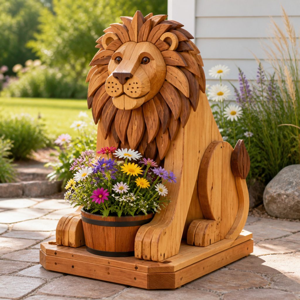 Seated Lion Pot Holder shown as a square photorealistic cedar garden planter filled with cottage flowers