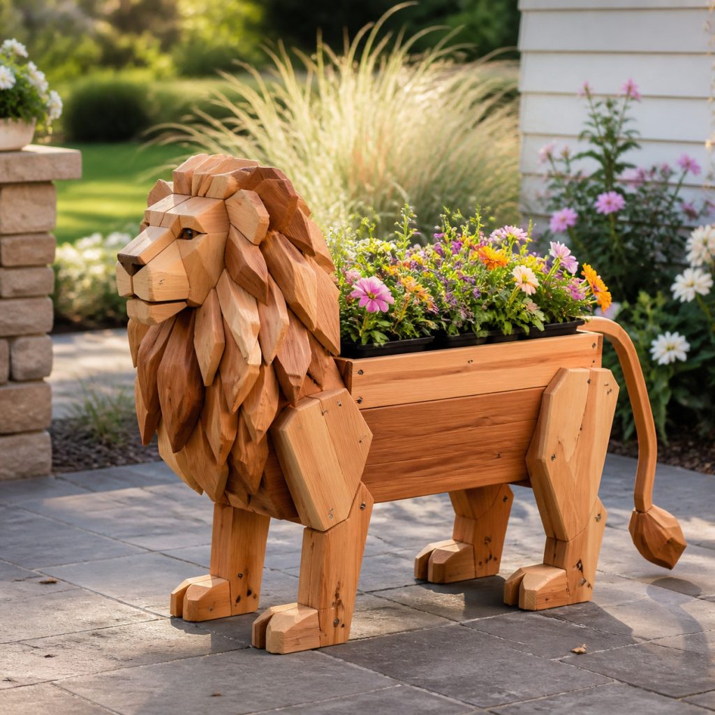 Modern Geometric Lion shown as a square photorealistic cedar garden planter filled with cottage flowers
