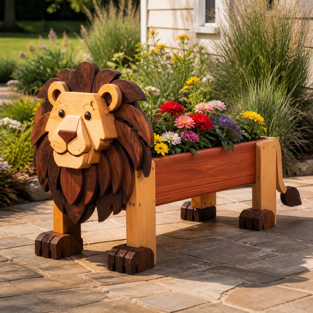 Two-Tone Dark-Mane Lion shown as a square photorealistic cedar garden planter filled with cottage flowers