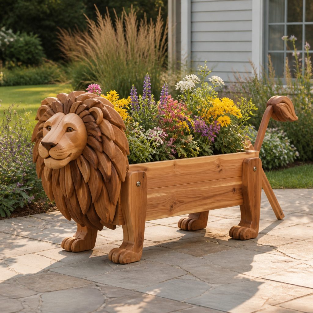 Low Broad-Stance Lion shown as a square photorealistic cedar garden planter filled with cottage flowers