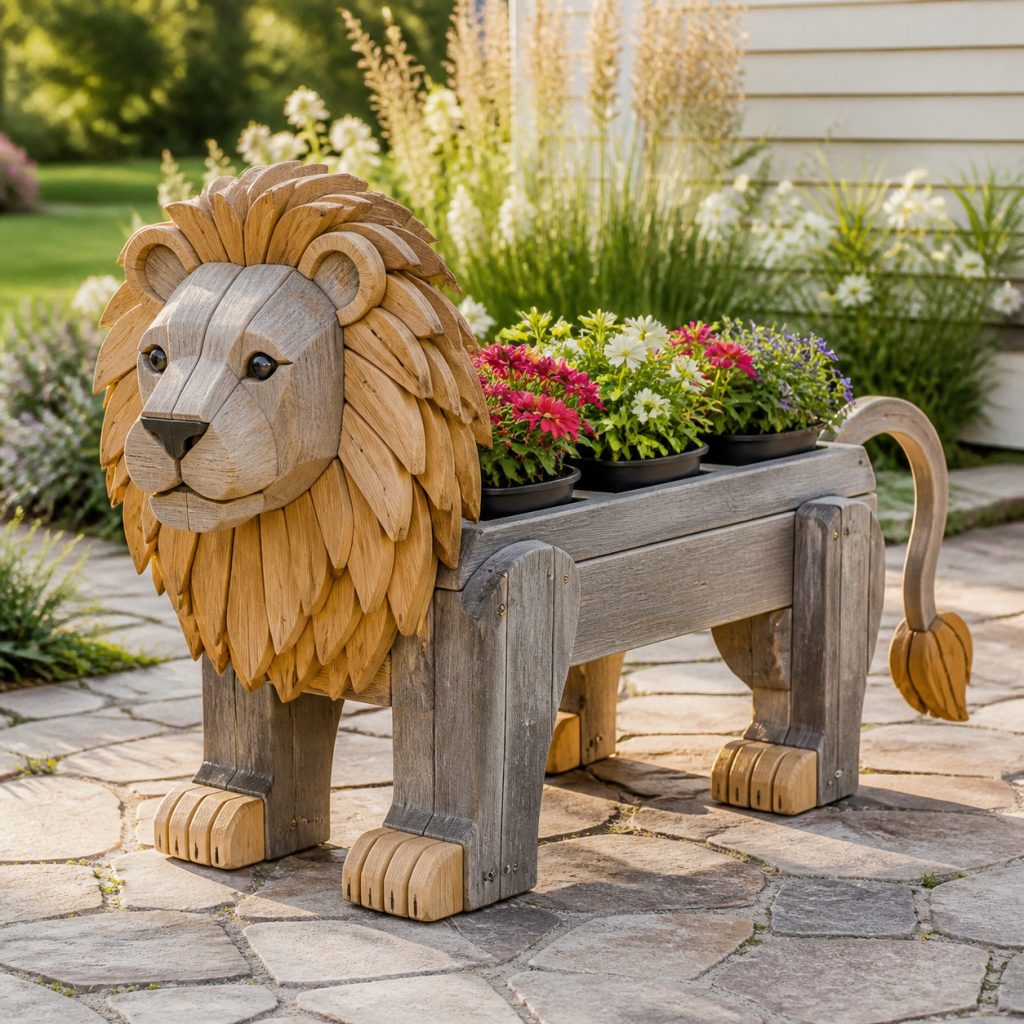 Weathered Cottage Lion shown as a square photorealistic cedar garden planter filled with cottage flowers