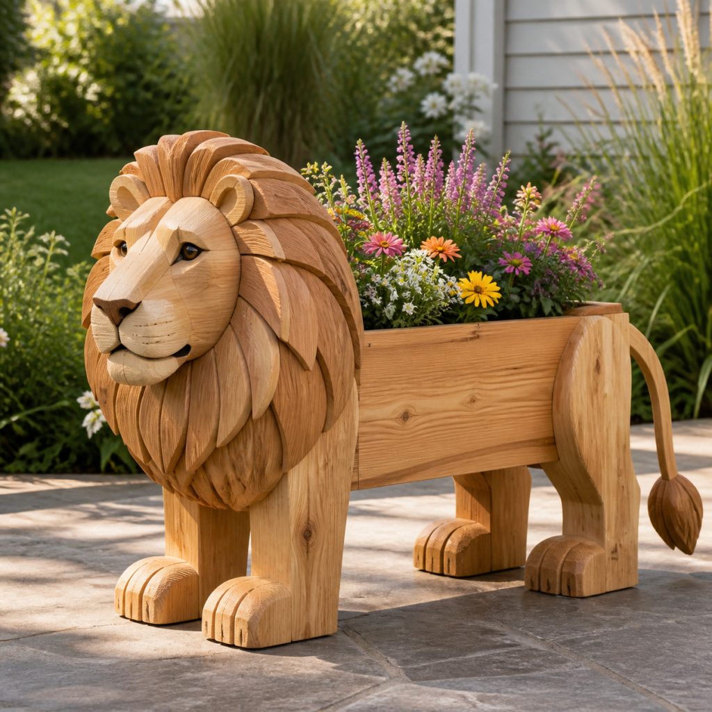 Chunky Timber Lion Box shown as a square photorealistic cedar garden planter filled with cottage flowers