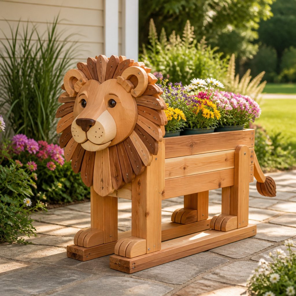 Young Lion on Base Rails shown as a square photorealistic cedar garden planter filled with cottage flowers