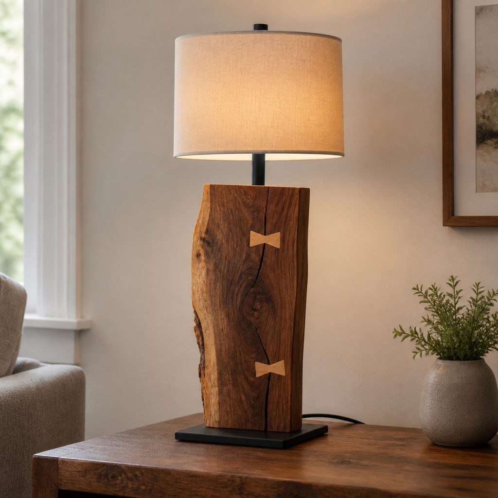 Vertical Walnut Slab Lamp shown as a square photorealistic original live-edge wood lamp with warm LED light and visible real wood grain