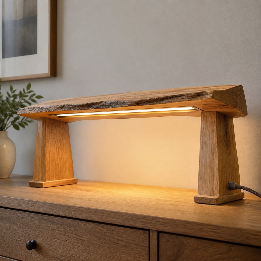 Live-Edge Oak Shelf Light shown as a square photorealistic original live-edge wood lamp with warm LED light and visible real wood grain