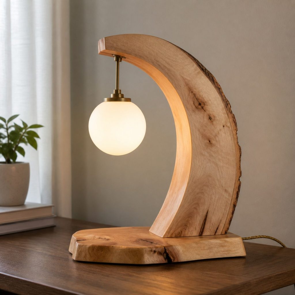Maple Natural-Arch Lamp shown as a square photorealistic original live-edge wood lamp with warm LED light and visible real wood grain