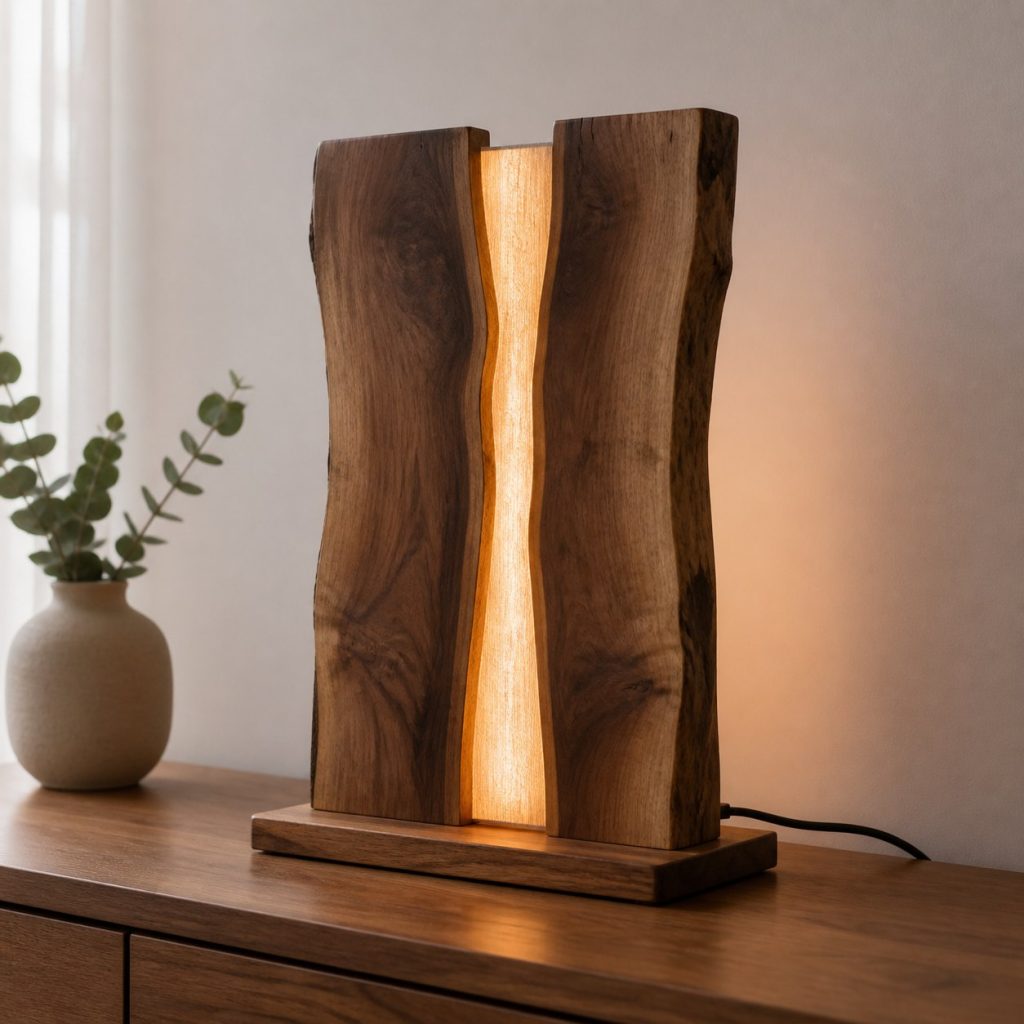 Bookmatched Walnut Diffuser Lamp shown as a square photorealistic original live-edge wood lamp with warm LED light and visible real wood grain