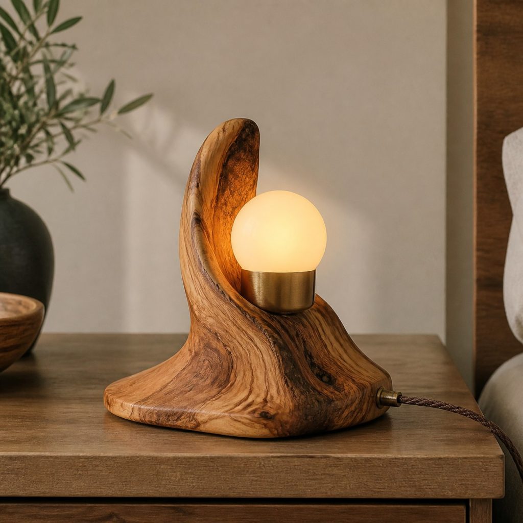 Olive-Wood Globe Lamp shown as a square photorealistic original live-edge wood lamp with warm LED light and visible real wood grain