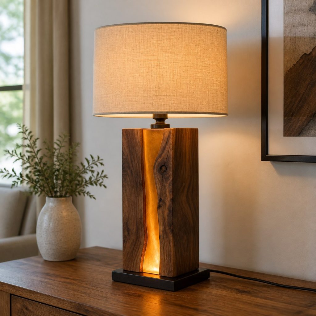 Narrow River-Seam Lamp shown as a square photorealistic original live-edge wood lamp with warm LED light and visible real wood grain