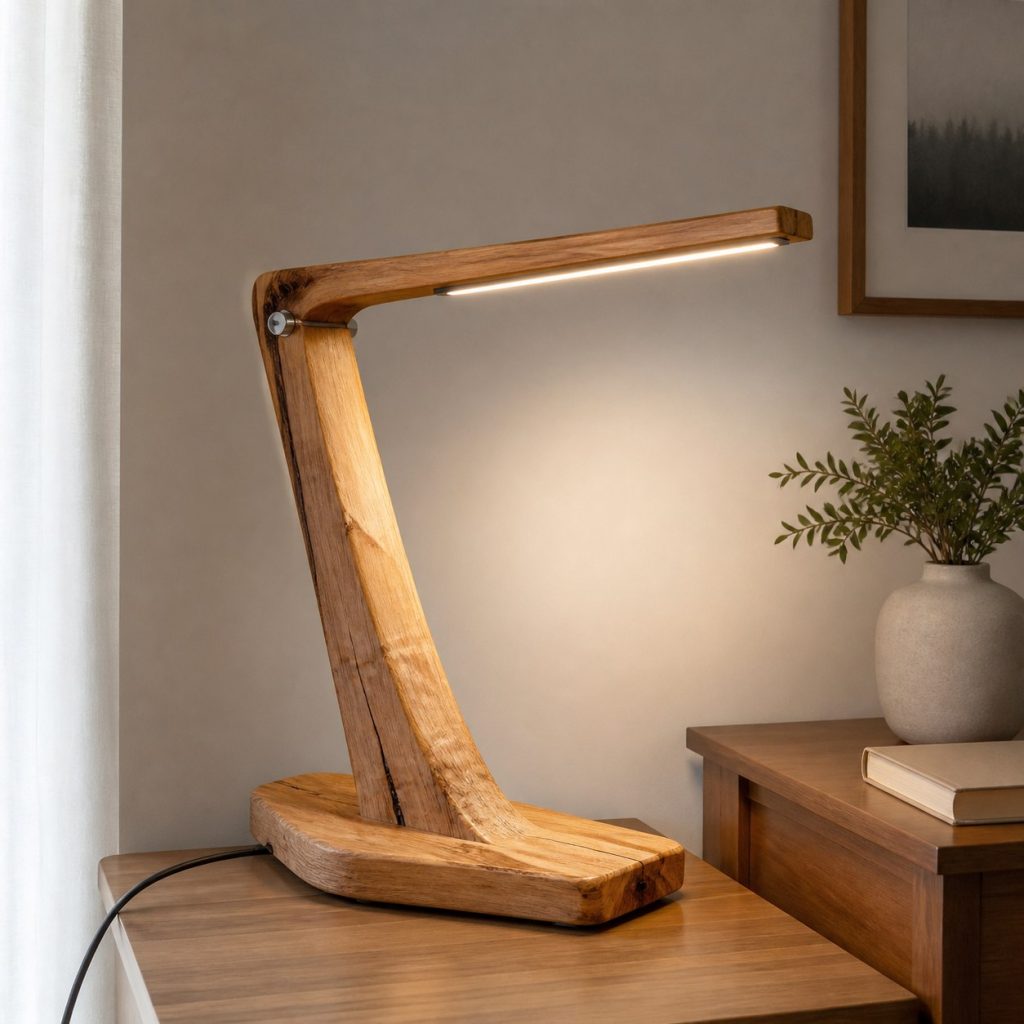Live-Edge Ash Task Bar shown as a square photorealistic original live-edge wood lamp with warm LED light and visible real wood grain