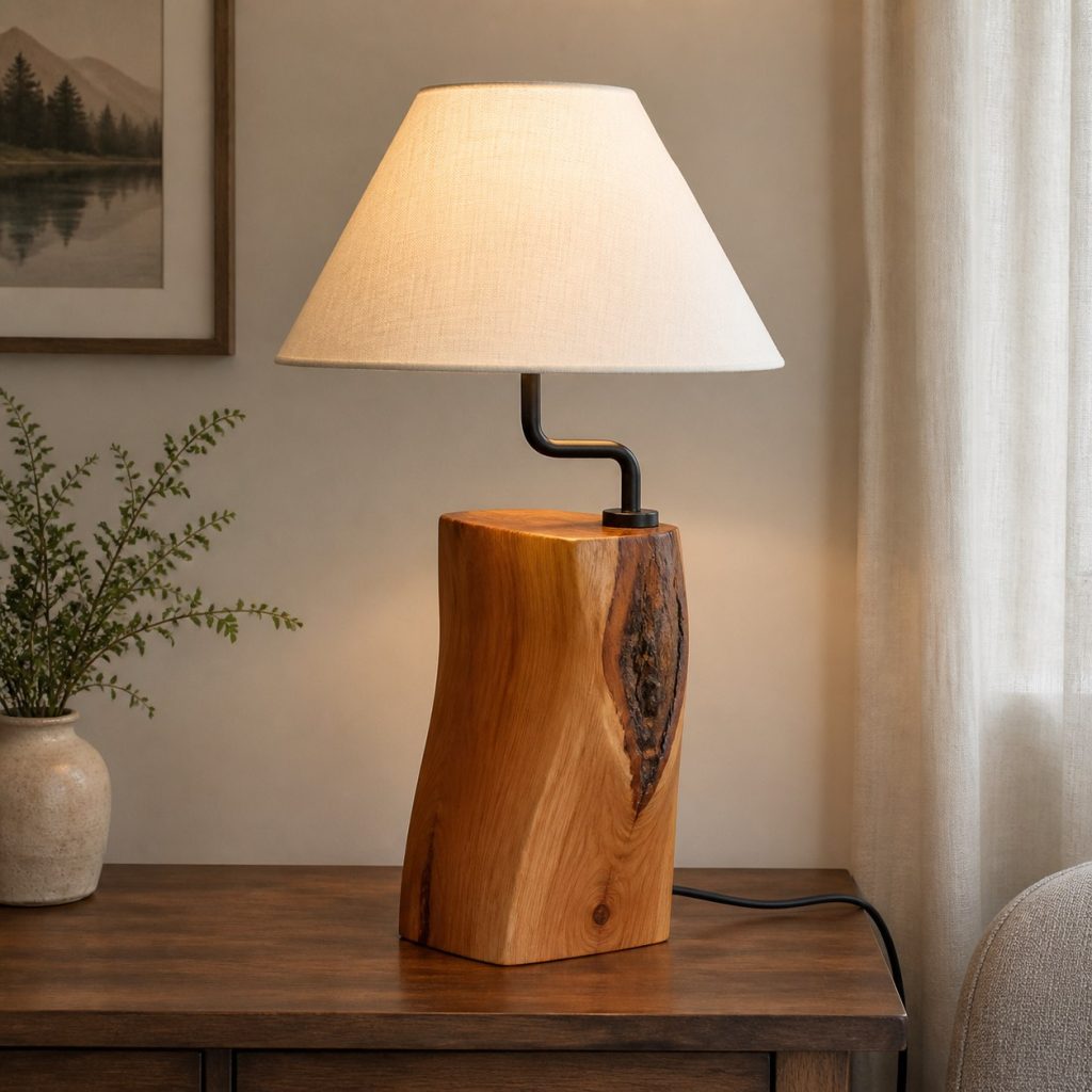 Cherry Natural-Shoulder Lamp shown as a square photorealistic original live-edge wood lamp with warm LED light and visible real wood grain