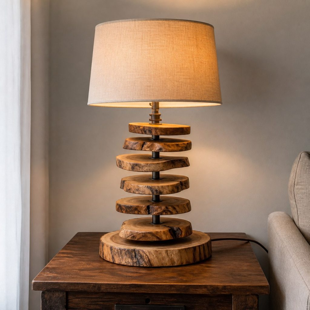 Aligned Live-Edge Slice Lamp shown as a square photorealistic original live-edge wood lamp with warm LED light and visible real wood grain