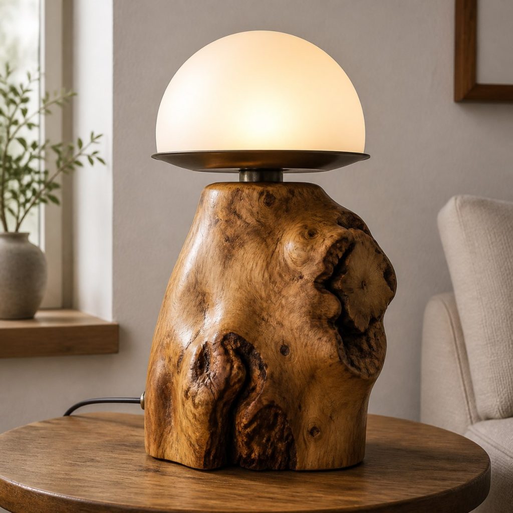 Burl Accent Dome Lamp shown as a square photorealistic original live-edge wood lamp with warm LED light and visible real wood grain