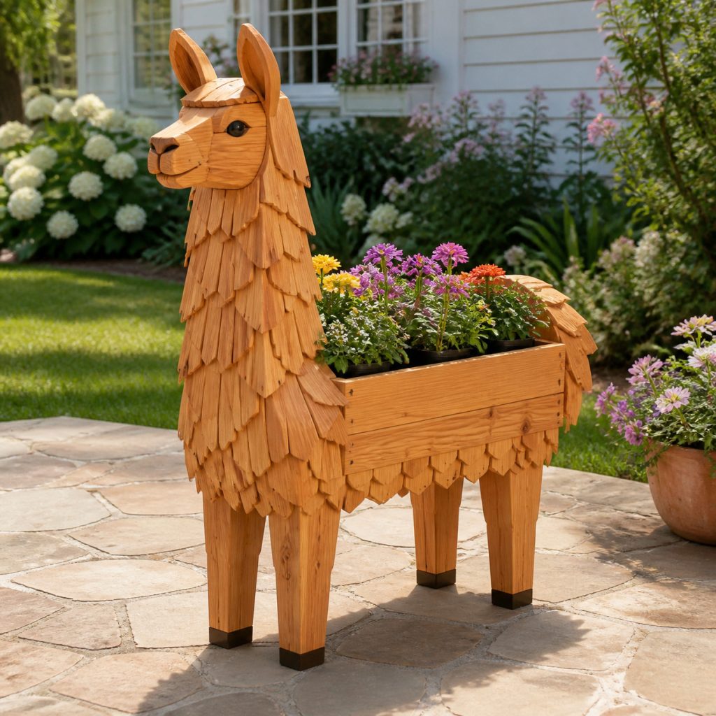 Classic Cedar Garden Llama shown as a square photorealistic cedar garden planter filled with cottage flowers