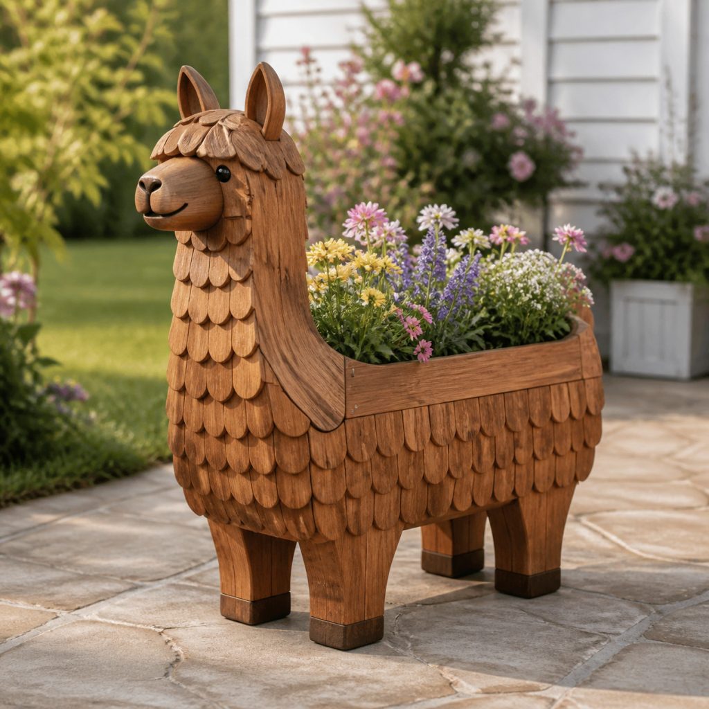 Compact Alpaca-Style Planter shown as a square photorealistic cedar garden planter filled with cottage flowers