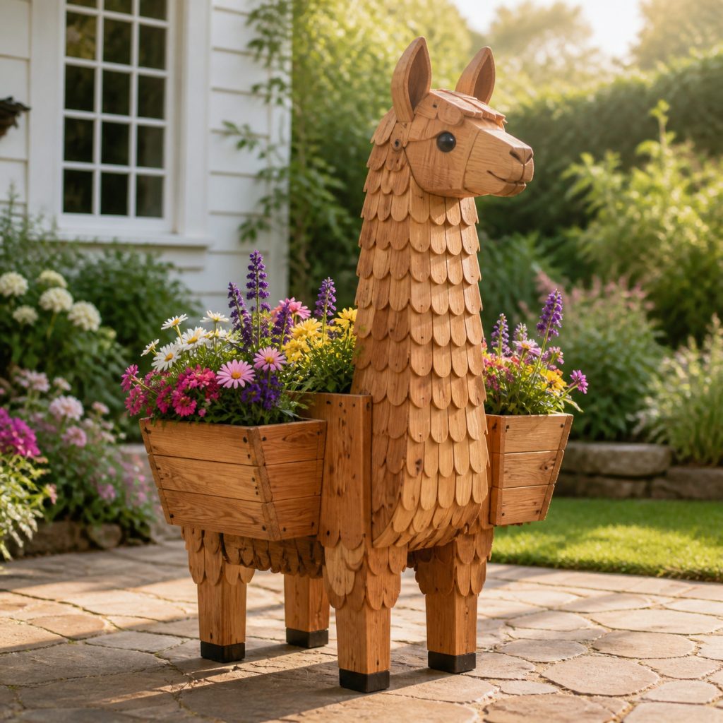 Llama with Twin Saddle Pots shown as a square photorealistic cedar garden planter filled with cottage flowers