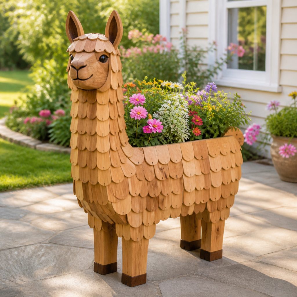 Layered-Fleece Cottage Llama shown as a square photorealistic cedar garden planter filled with cottage flowers