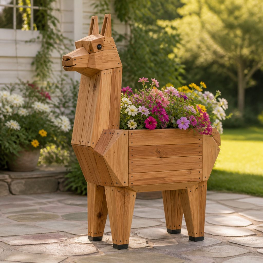 Modern Geometric Llama shown as a square photorealistic cedar garden planter filled with cottage flowers