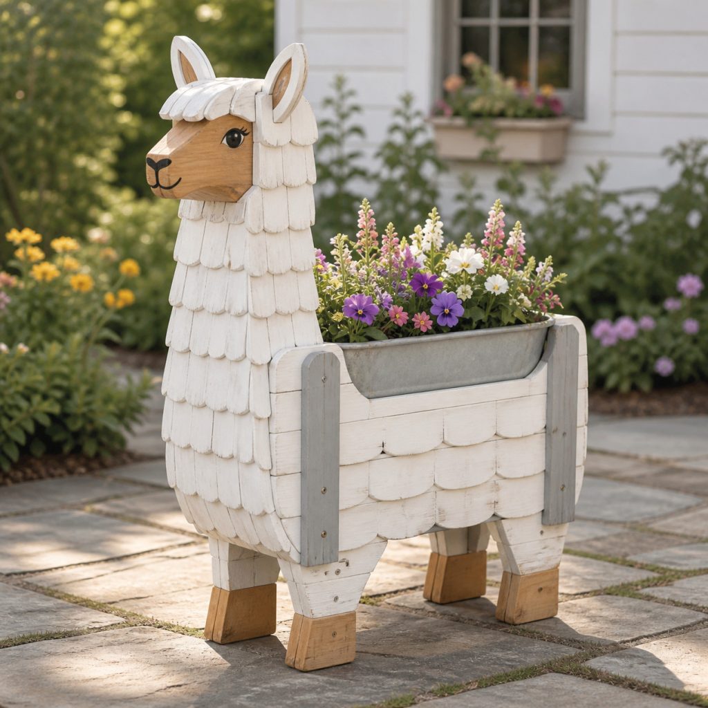 Whitewashed Farm Llama shown as a square photorealistic cedar garden planter filled with cottage flowers