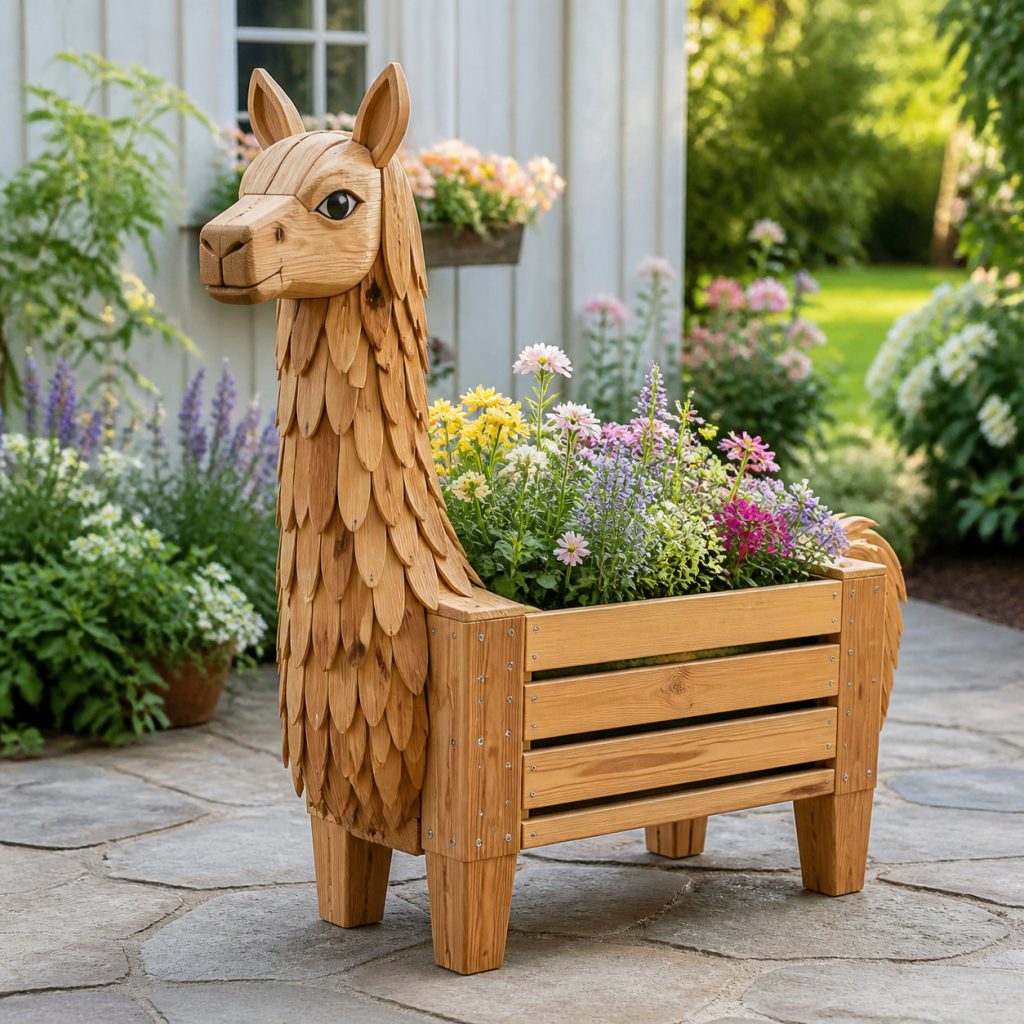 Low Trough-Body Llama shown as a square photorealistic cedar garden planter filled with cottage flowers