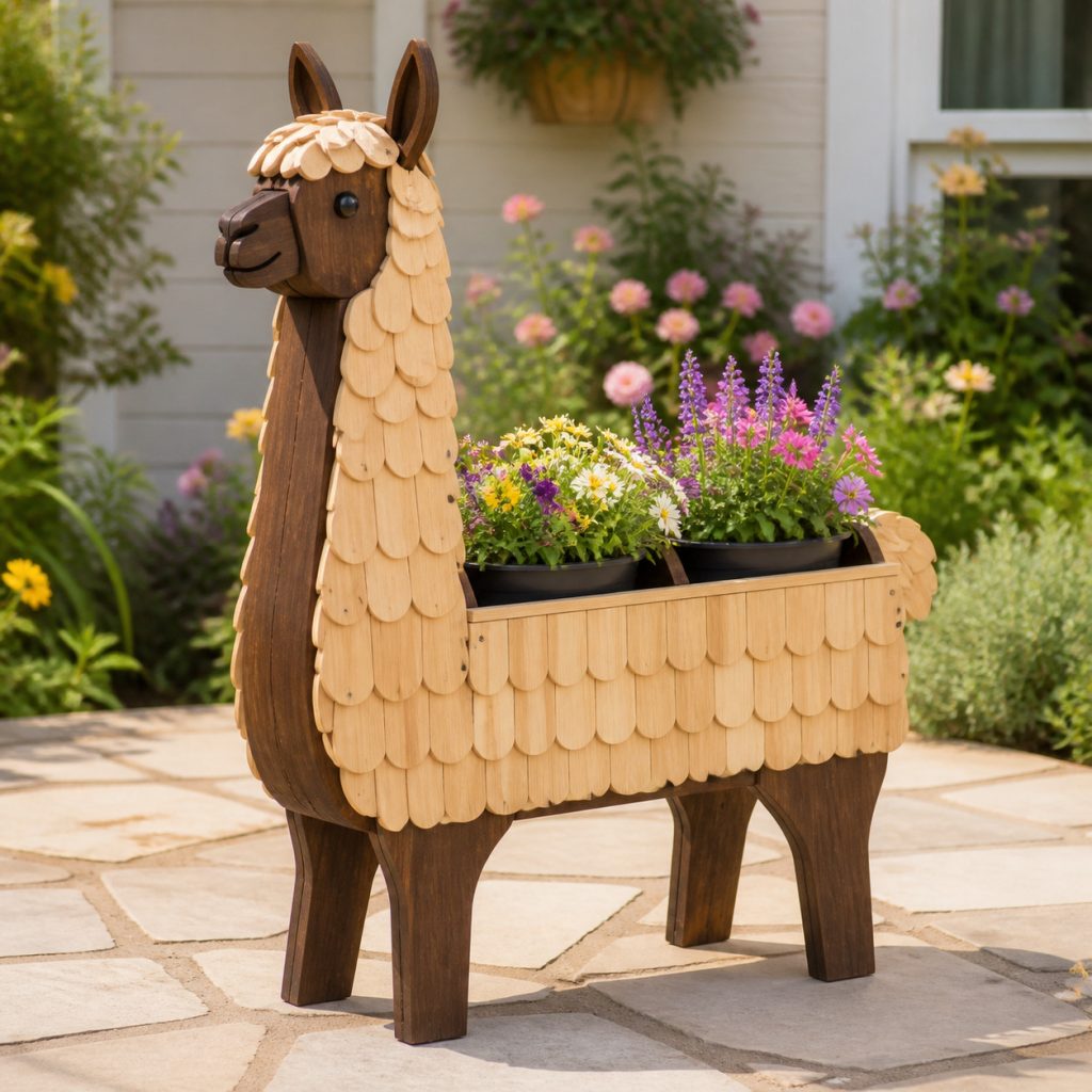 Dark-Faced Two-Tone Llama shown as a square photorealistic cedar garden planter filled with cottage flowers