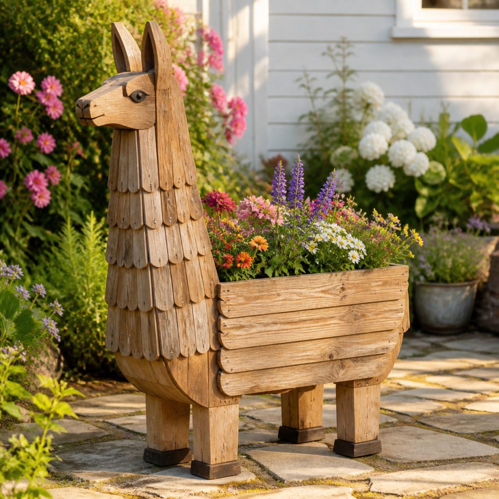 Weathered Patio Llama shown as a square photorealistic cedar garden planter filled with cottage flowers