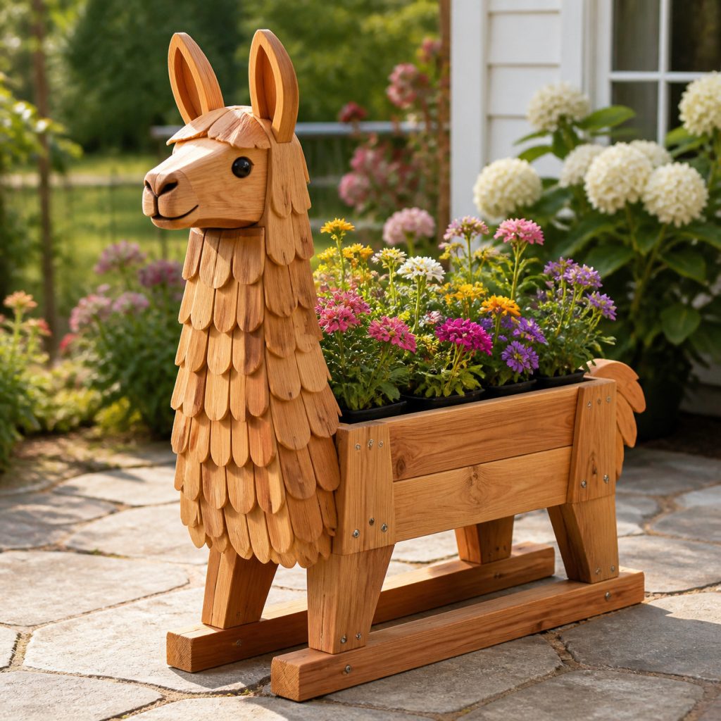 Young Llama on Wide Rails shown as a square photorealistic cedar garden planter filled with cottage flowers