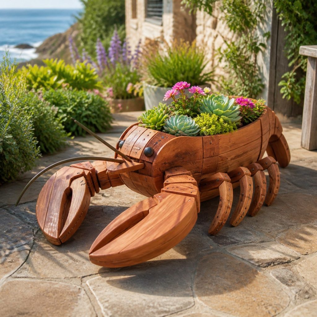 Compact Succulent Lobster shown as a square photorealistic cedar lobster-shaped garden planter filled with flowers