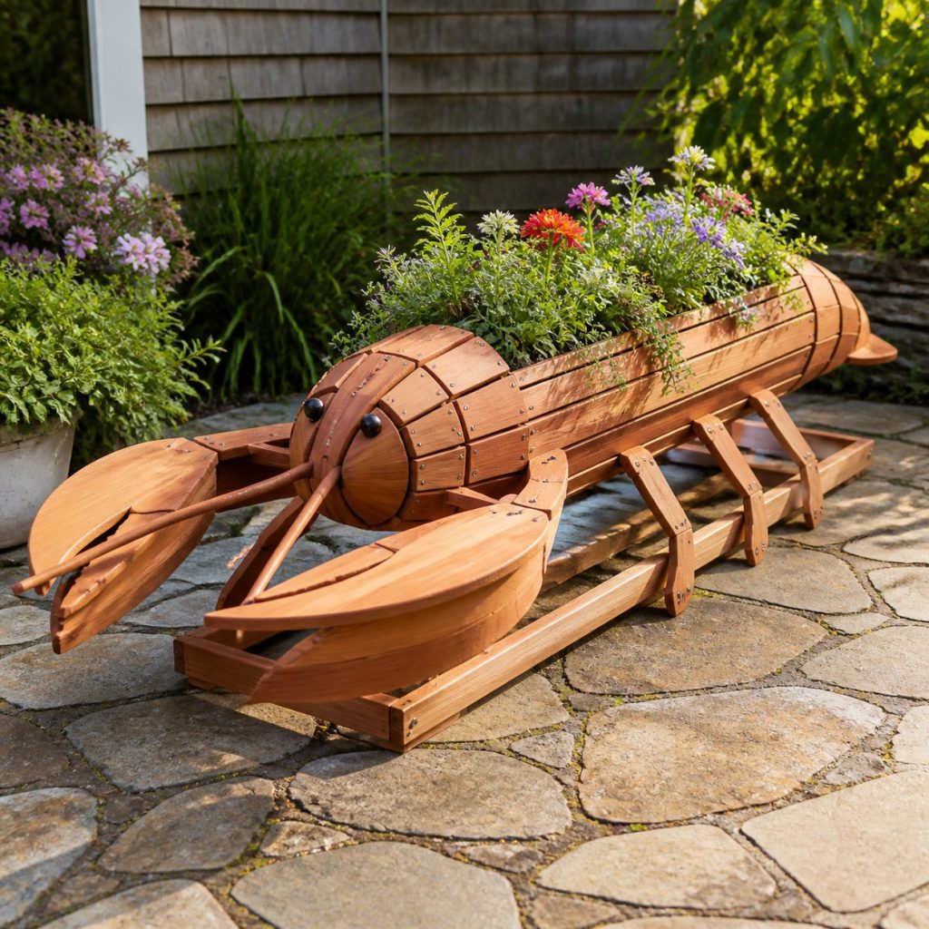 Long Slatted Herb Lobster shown as a square photorealistic cedar lobster-shaped garden planter filled with flowers
