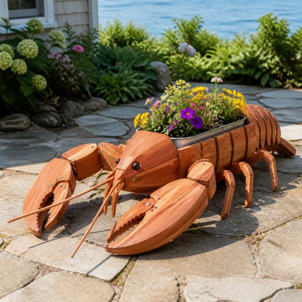 Lobster with Galvanized Liner shown as a square photorealistic cedar lobster-shaped garden planter filled with flowers
