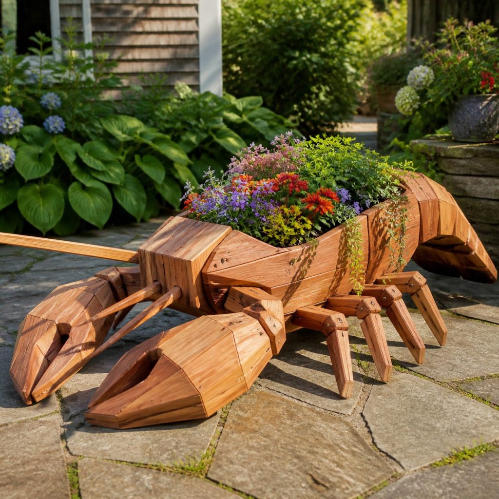 Modern Geometric Lobster shown as a square photorealistic cedar lobster-shaped garden planter filled with flowers