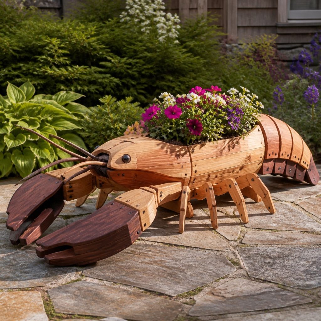 Two-Tone Cedar Lobster shown as a square photorealistic cedar lobster-shaped garden planter filled with flowers
